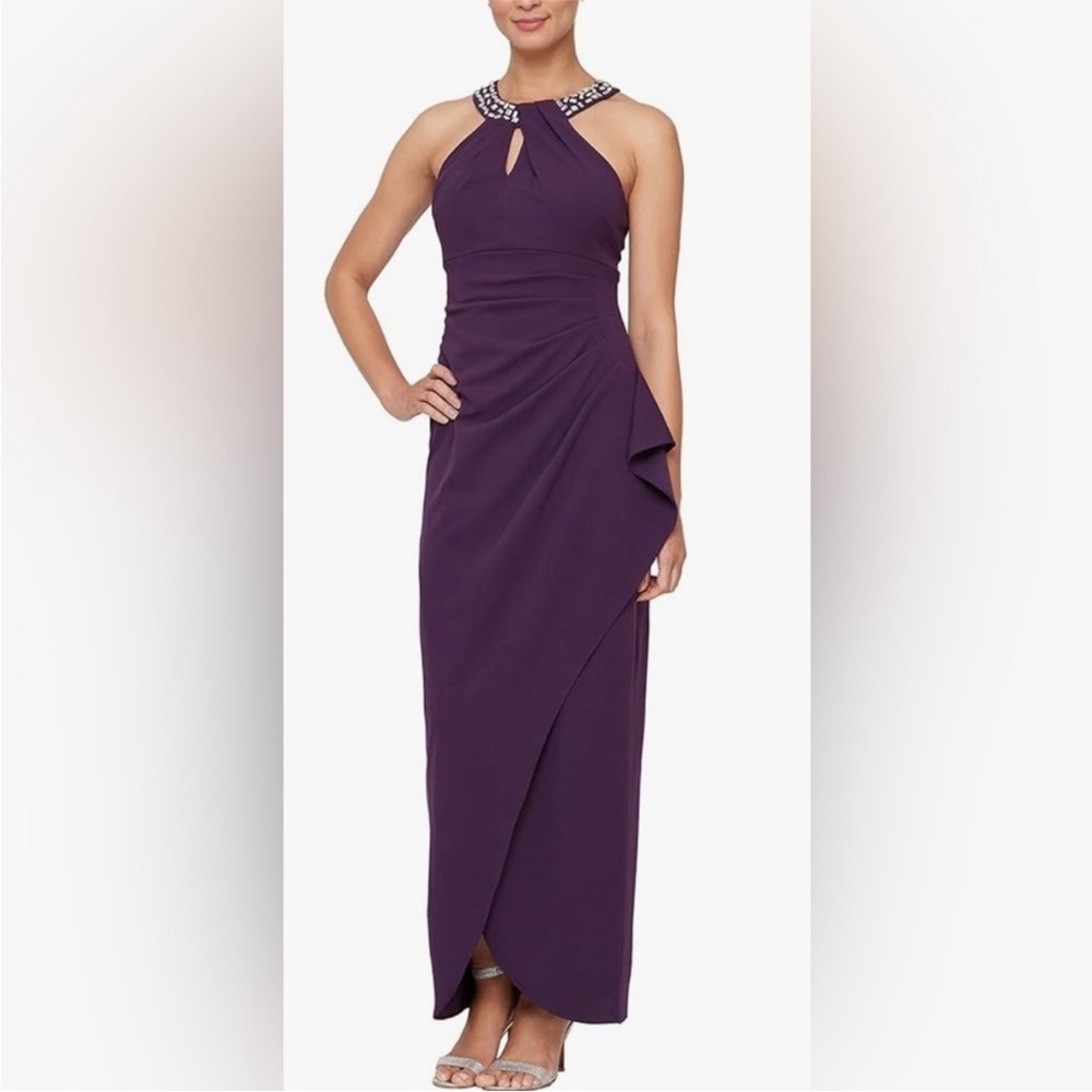SLNY Purple Embellished Halter Sleeveless Ruched Side Cascade Ruffle Dress 14